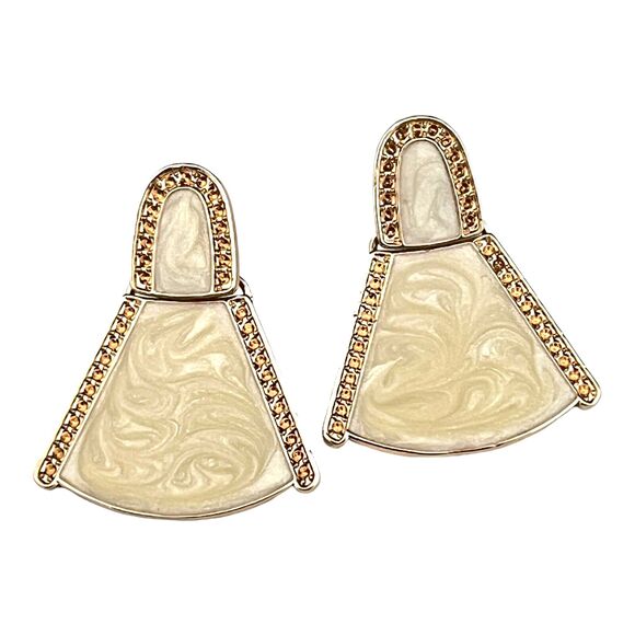New Designer Statement Earrings Gold Cream Shimmer Enamel Women's 8N - Picture 2 of 3